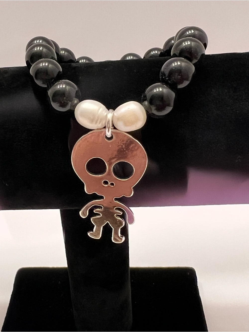 Black Bead Necklace with Silver Skull Charm and Pearl Accent